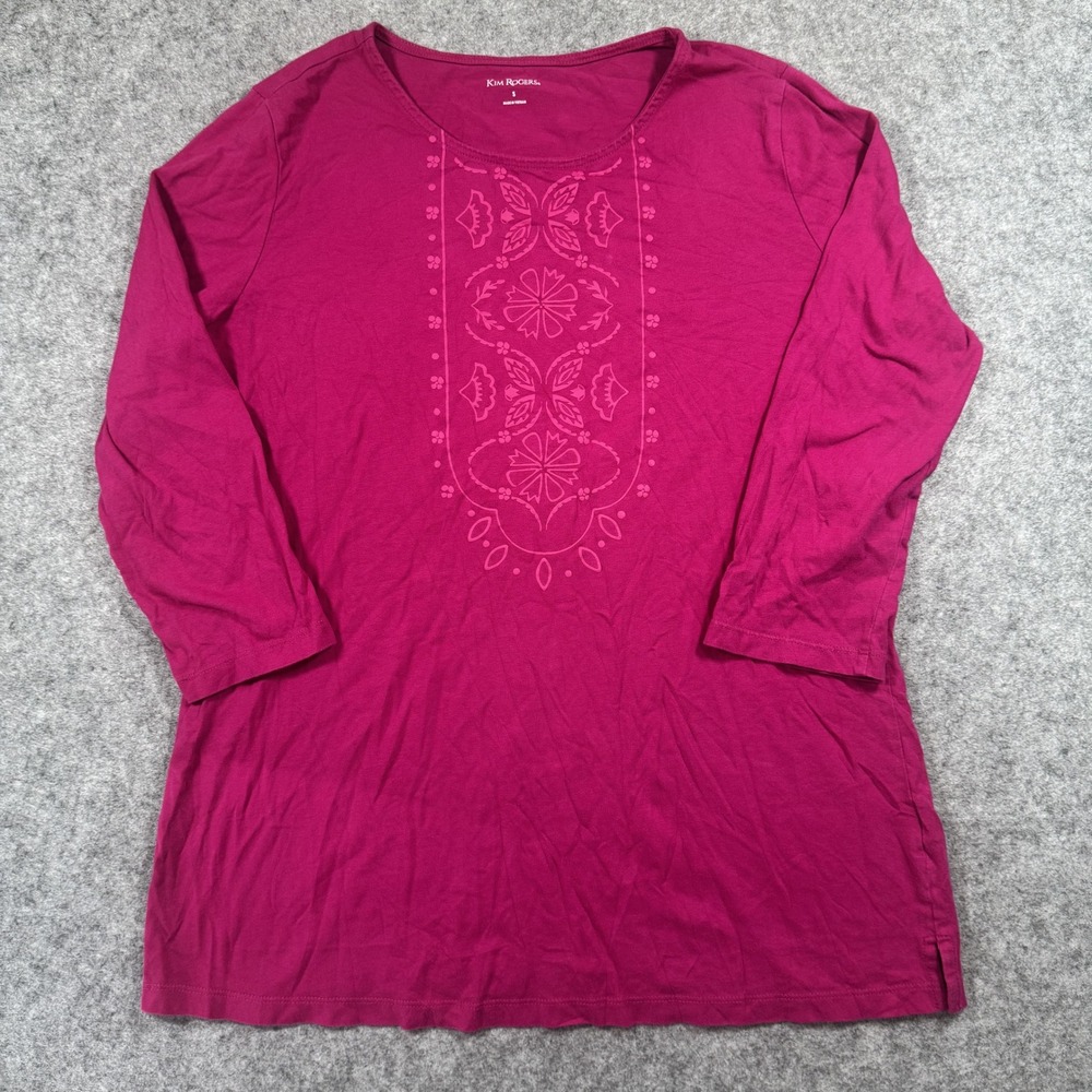 Kim Rogers Embroidered 3/4 Sleeve Top Small Magenta Floral Boho Cotton Blend